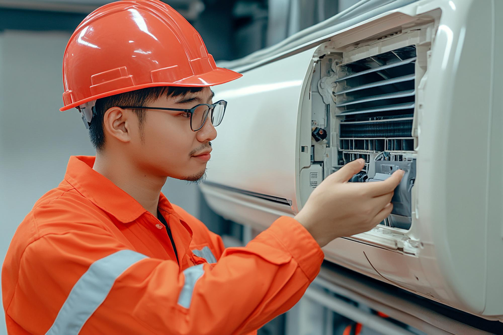 workers is servicing an aircon