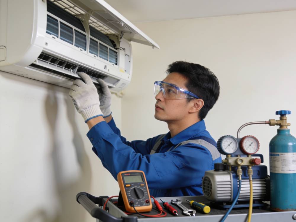 Aircon technician checking installation quality for aircon installation near me Singapore