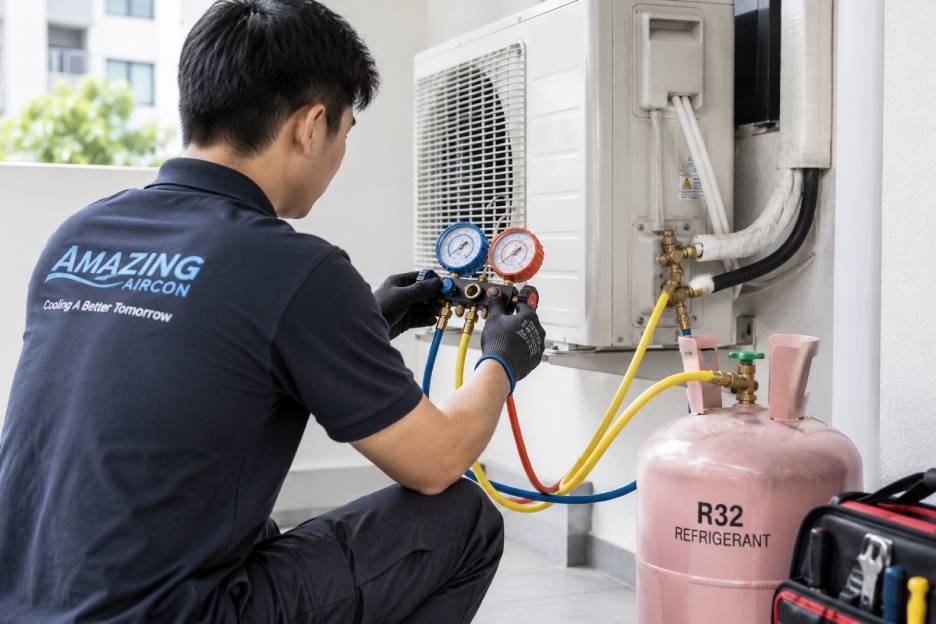 Technician performing aircon gas top up in Singapore